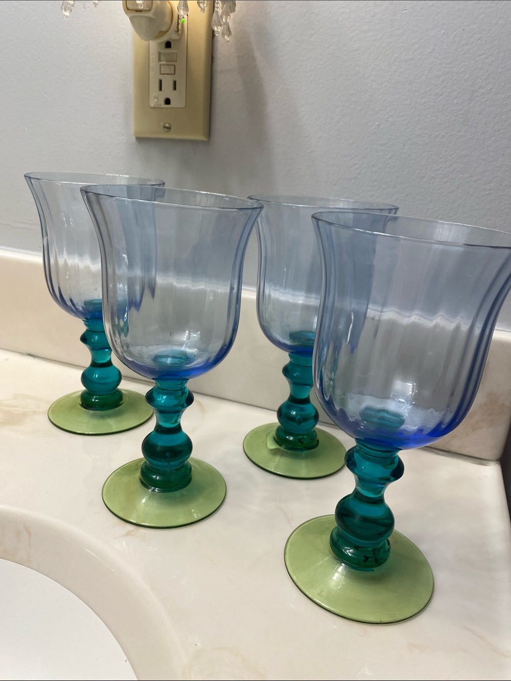 (4) Anthropologie Galleria 7 1/2” Blue & Green Sculpted Stem Goblets